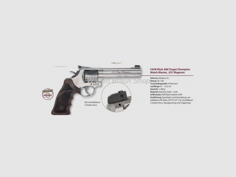 Smith & Wesson Mod. 686 TC "Match Master", 6", kal. .357 Mag., roestvrij staal/mat