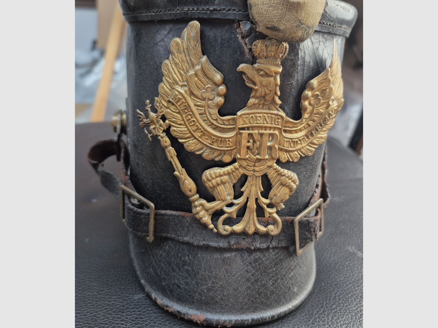 Sehr guter Schako des preußischen Jägers – Modell 1895 – Stück von 1902 des JB Nr. 8 oder N – 100% original! – Krieg 14-18 – Vollständige Kopfbedeckung – Zu reinigen und nachzufetten, aber BE+ / TBE, Bild 3 von 10