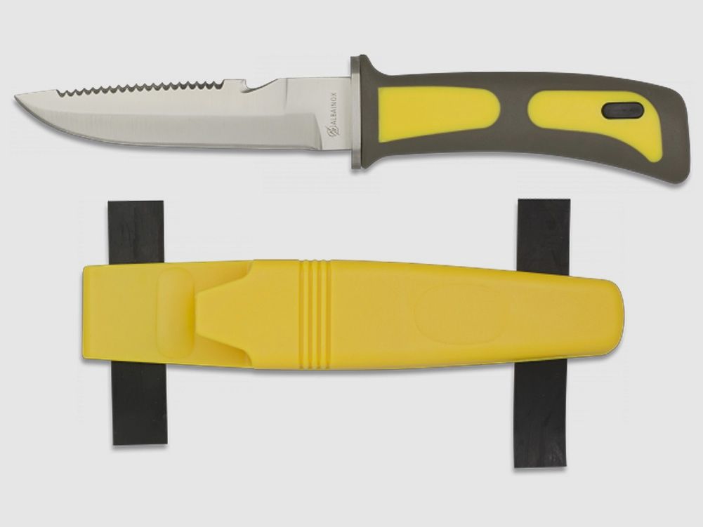 Diving knife with serrations and cutter, leg rubber, YELLOW