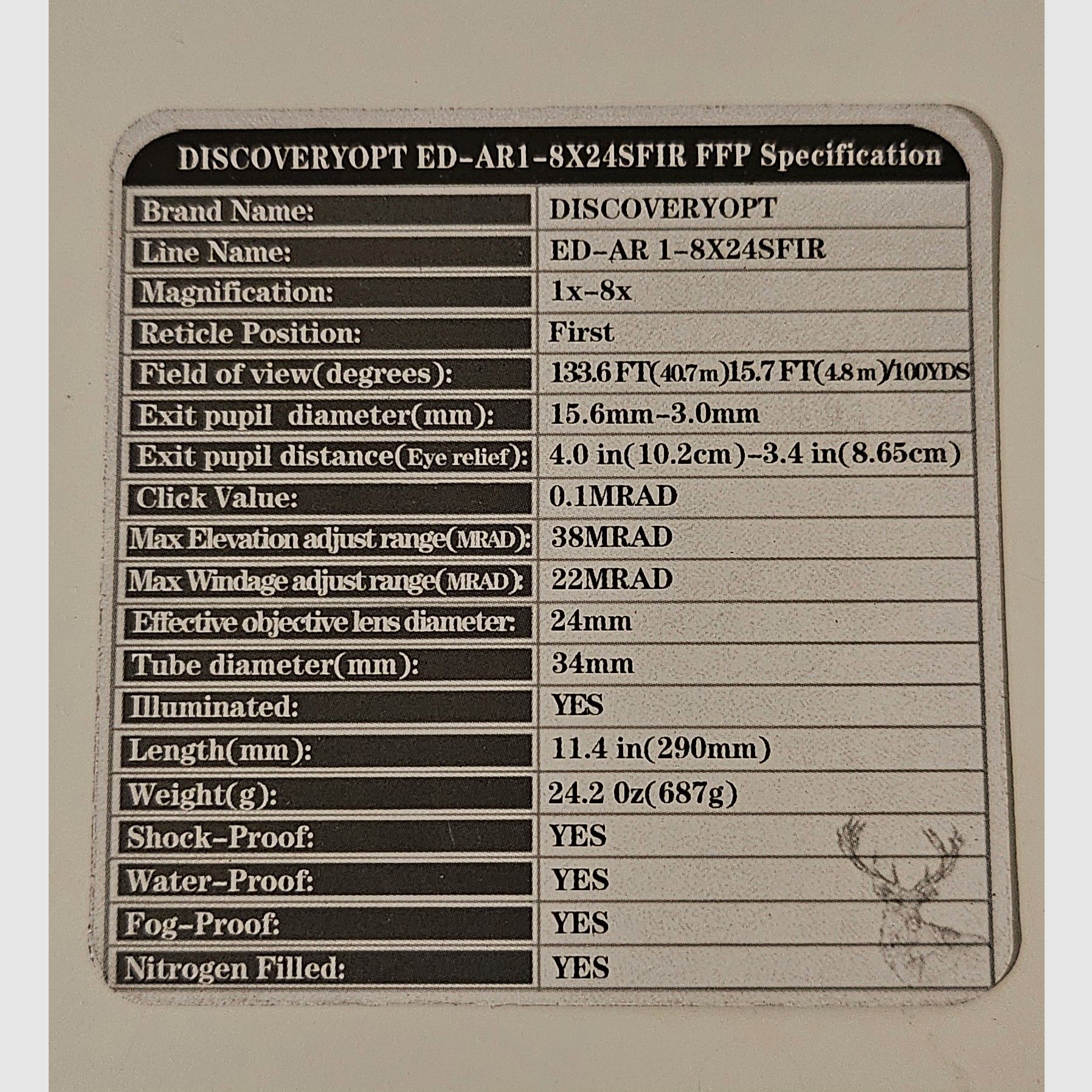 LPVO DISCOVERYOPT, 1–8 × 24 FFP met 34-mm buis