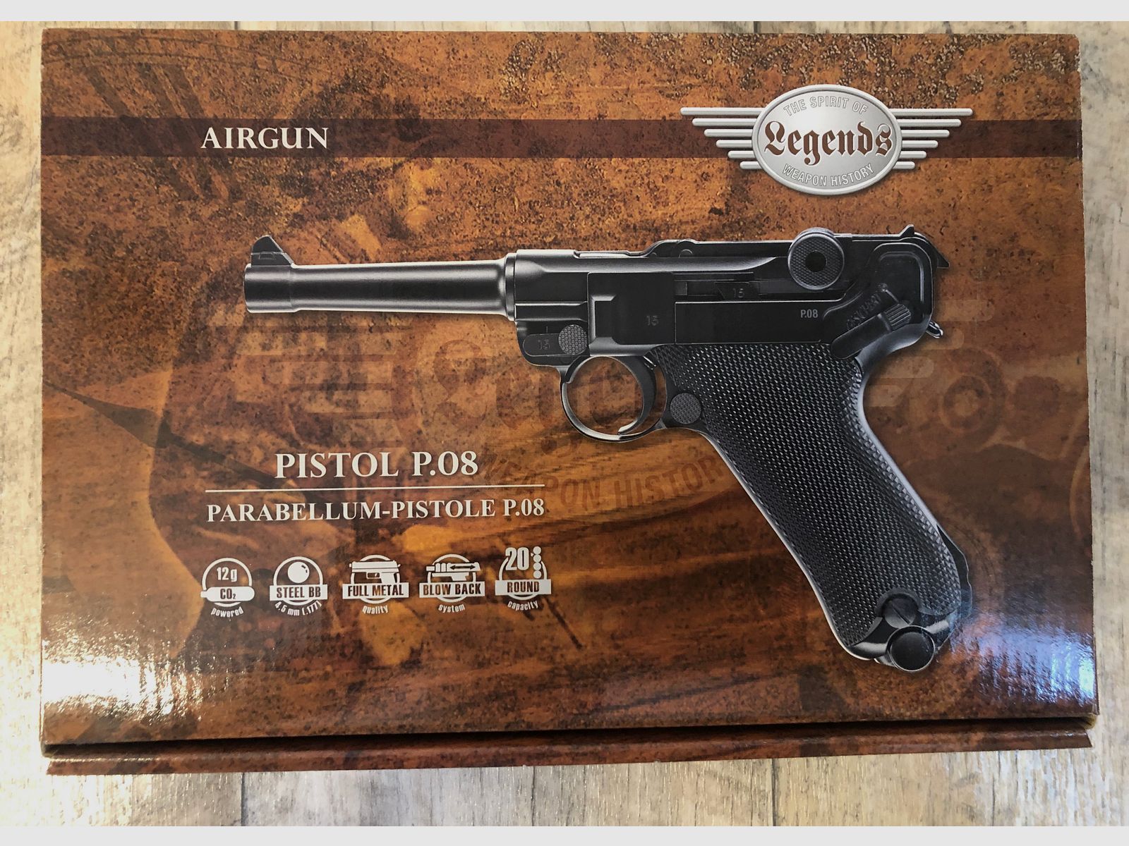 Legends air pistol P08 CO2, Parabellum pistol, 4.5 mm blowback, black, airgun