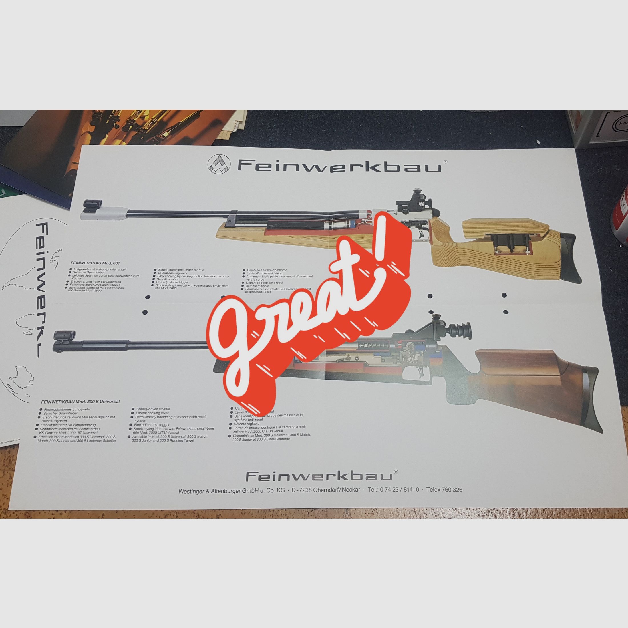 Feinwerkbau FWB Mod. 300 601 Plakat Poster Beschreibung Bedienungsanleitung Luftpistole Luftgewehr KK Gewehr Co2 Pistole siehe Beschreibung. Preis ab