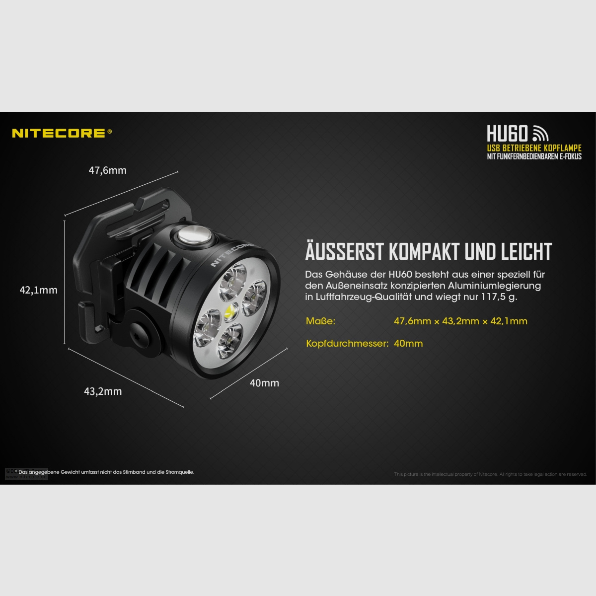 Nitecore HU60WB-2 Stirnlampe 1600 Lumen elektronischer Fokus inklusive Fernbedienung