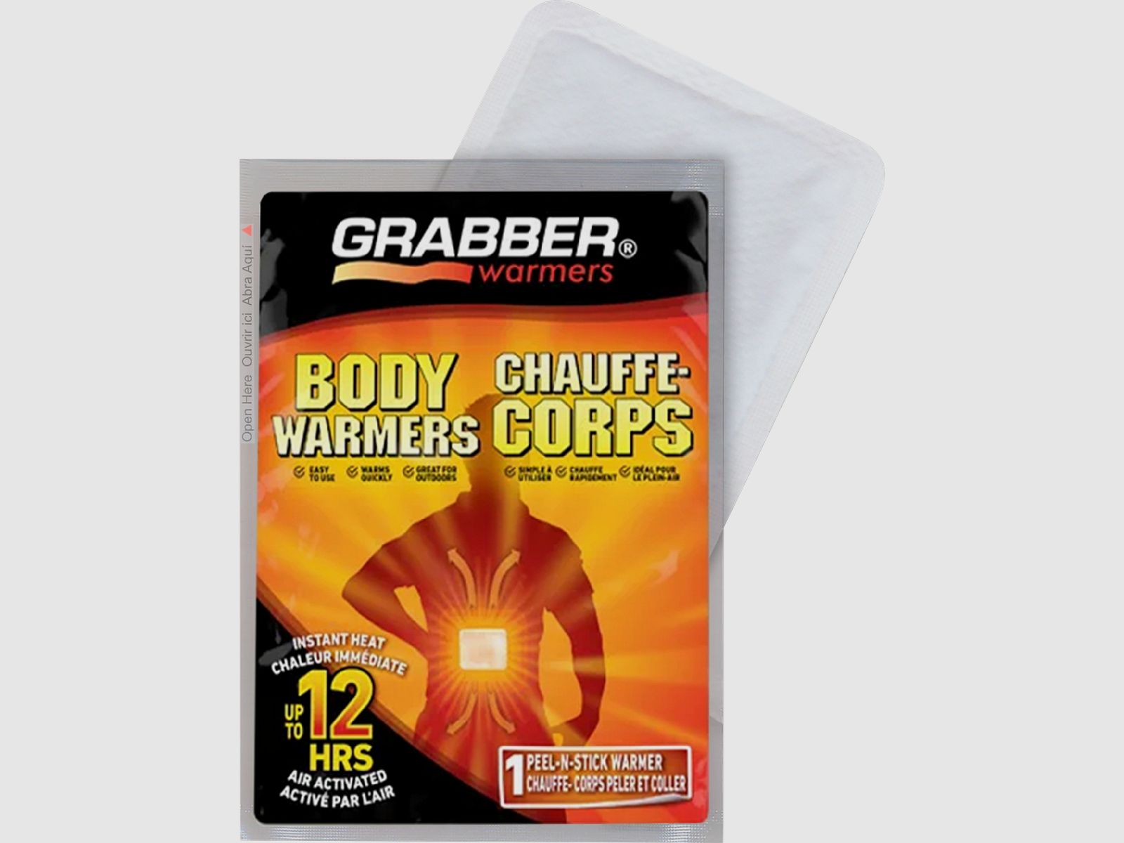 Grabber body warmer with adhesive surface 1 piece