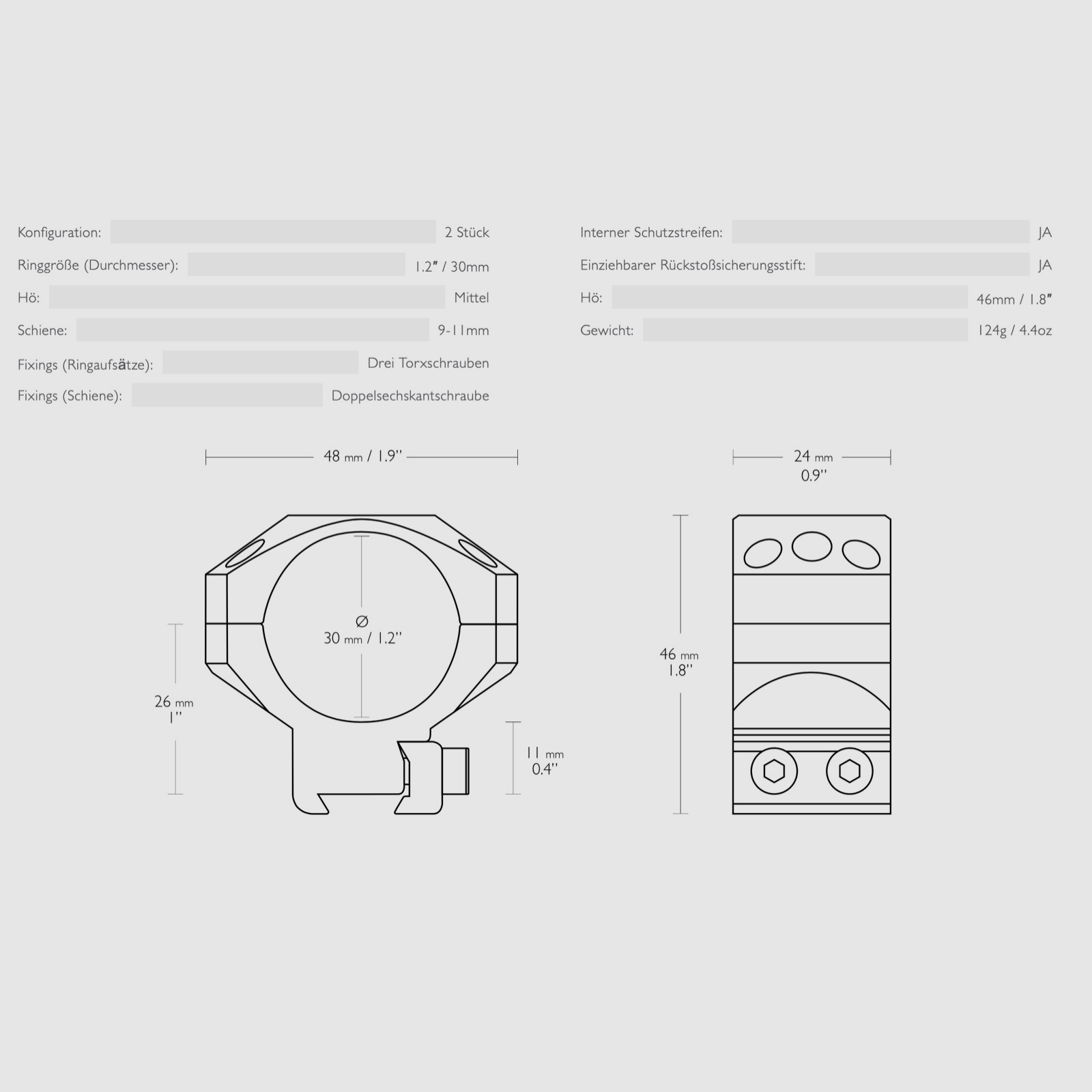 Hawke 24106 Taktische Ringmontagen 30mm 2 Stück 9-11mm Mittel