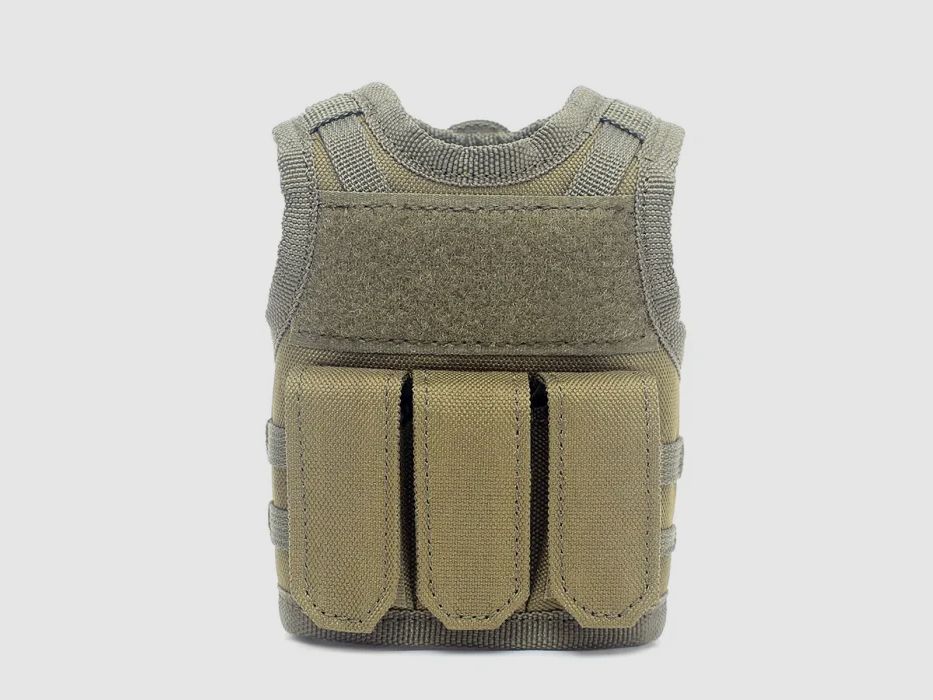 Mini Tactical Schutzweste mit Fronttaschen für Bierflasche / Weinflasche / Thermosflasche - Oliv