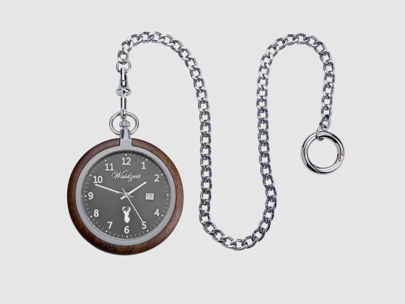 Taschenuhr Zeitlos (weiß) aus Walnussholz mit Kette