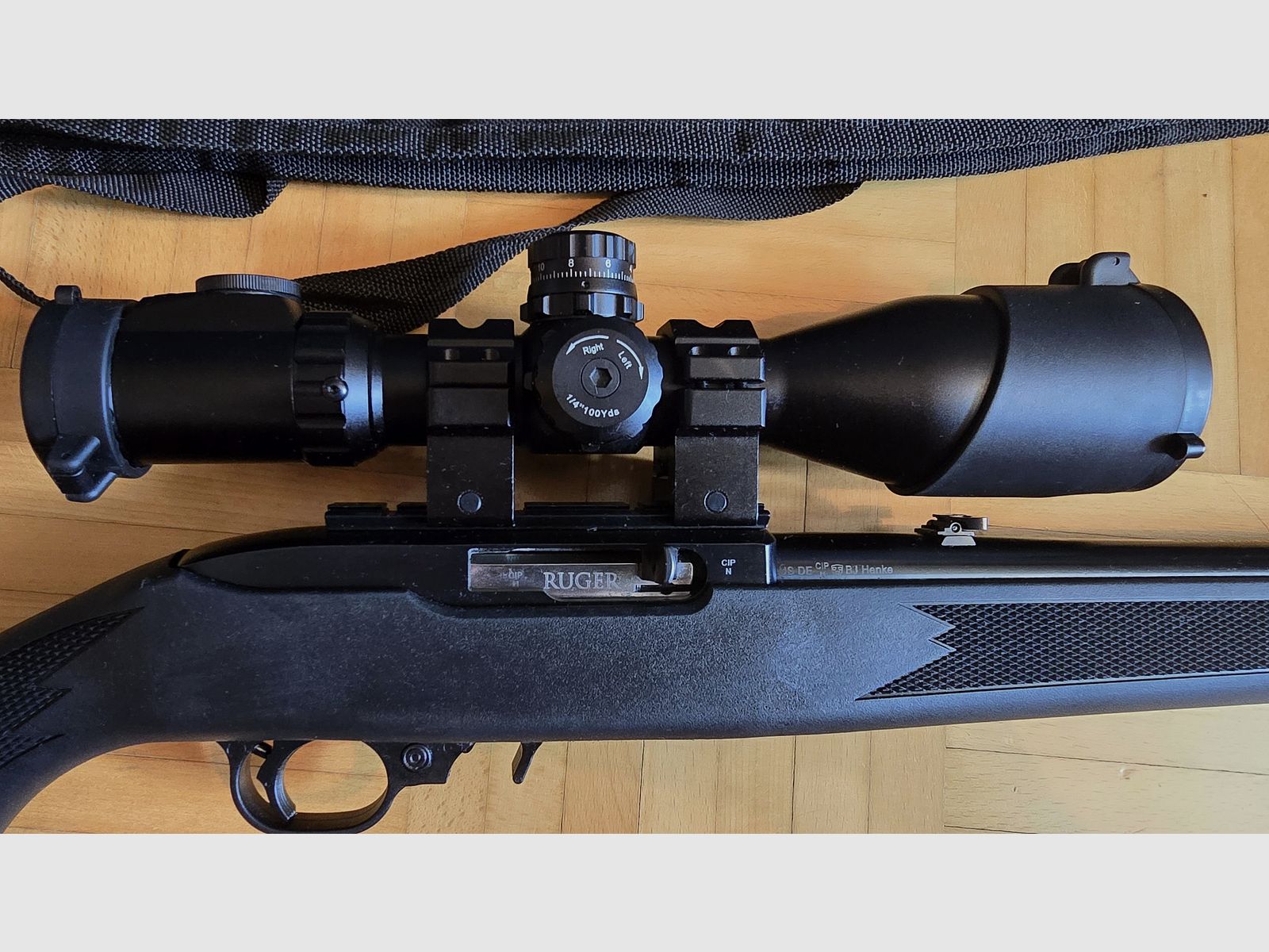 Ruger 10/22 Compact .22lr small caliber long gun. Wooden stock and synthetic stock (interchangeable system) with plenty of accessories