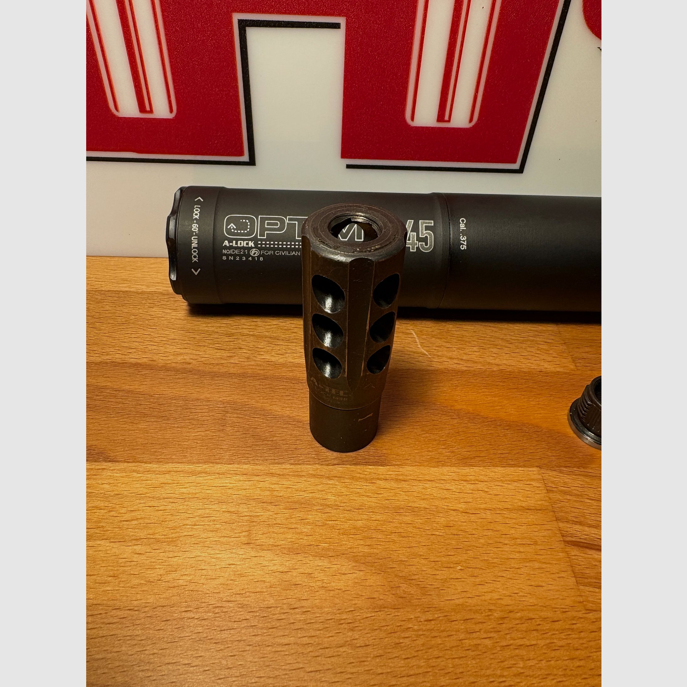 Schalldämpfer A-Tec Optima 45 OB .375 cal. mit A-lock Set Mündungsbremse und 2 Adapter!