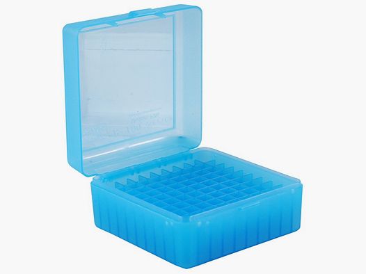 Caja de cartuchos MTM RM-100-24 azul transparente con tapa abatible para 100 cartuchos .308 y otros.