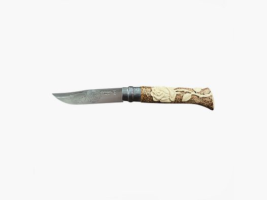 COLTELLO – OPINEL – N.8 INOX REALIZZATO A MANO CON INTAGLIO ROSA