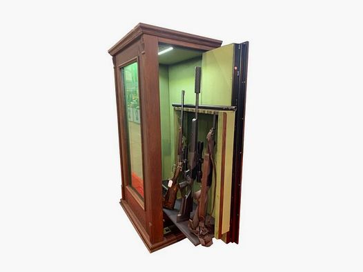 Notre chef-d'œuvre : vitrine en verre - armoire à armes en verre avec revêtement en bois véritable, serrure électronique, classe 1 EN 1143-1