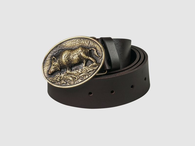Leather belt ,buckle with decorative wild boar theme, 38 mm wide 120 cm