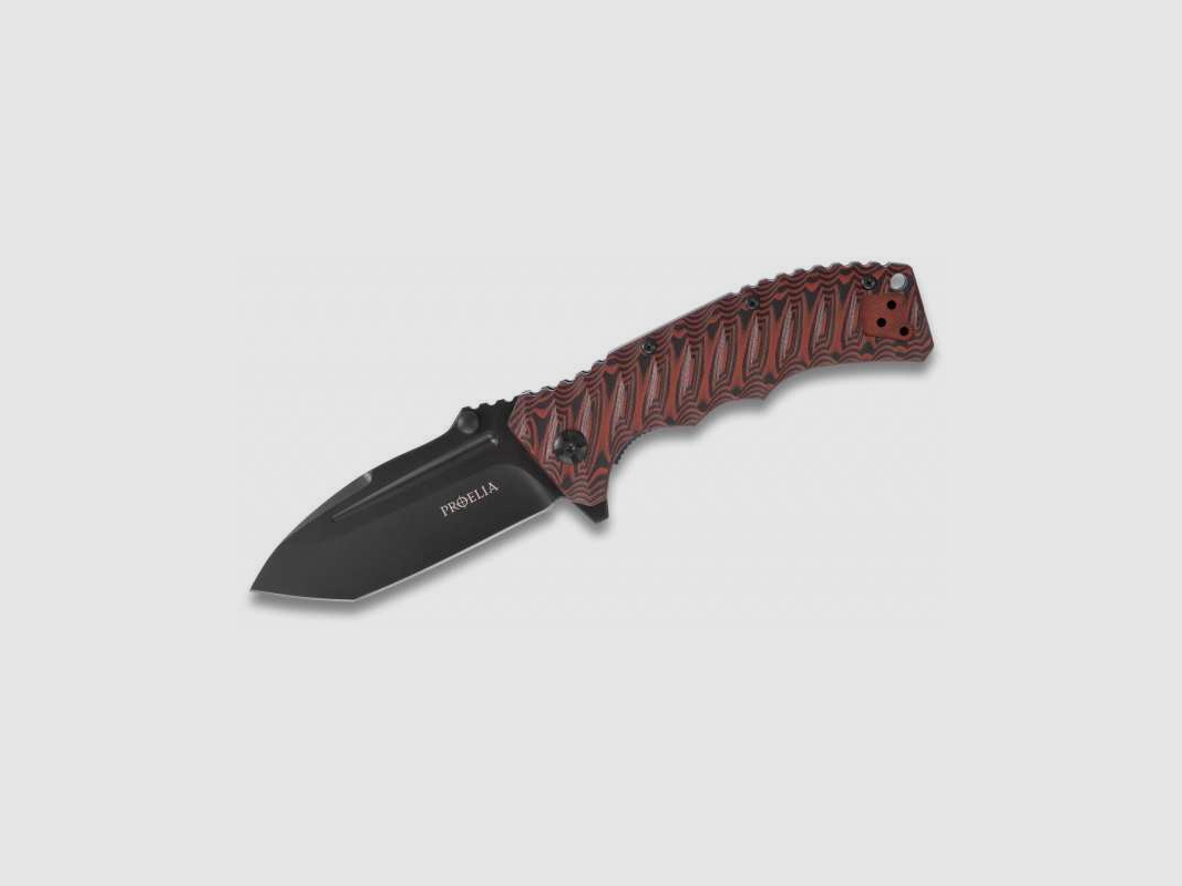 Coltello pieghevole Defcon Proelia Tanto, lama nero opaco, manico rosso e nero