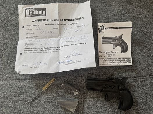 Schreckschuss Derringer Noris Twinny 9mm Knall (PTB 599) + Zubehör & Beleg