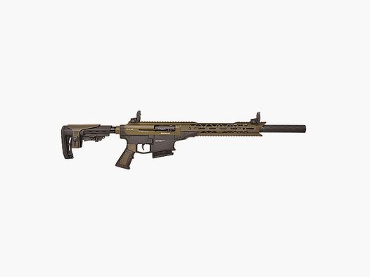 DERYA MK12 COLORED gas-aangedreven semi-automatisch geweer, kaliber 12/76, gebouwd op AR15-platform, ontworpen voor sportief schieten en meer. Boven- en onderkant en voorhand zijn volledig van aluminium gemaakt en de kolf (verstelbaar) is van polymeer. De sluiting