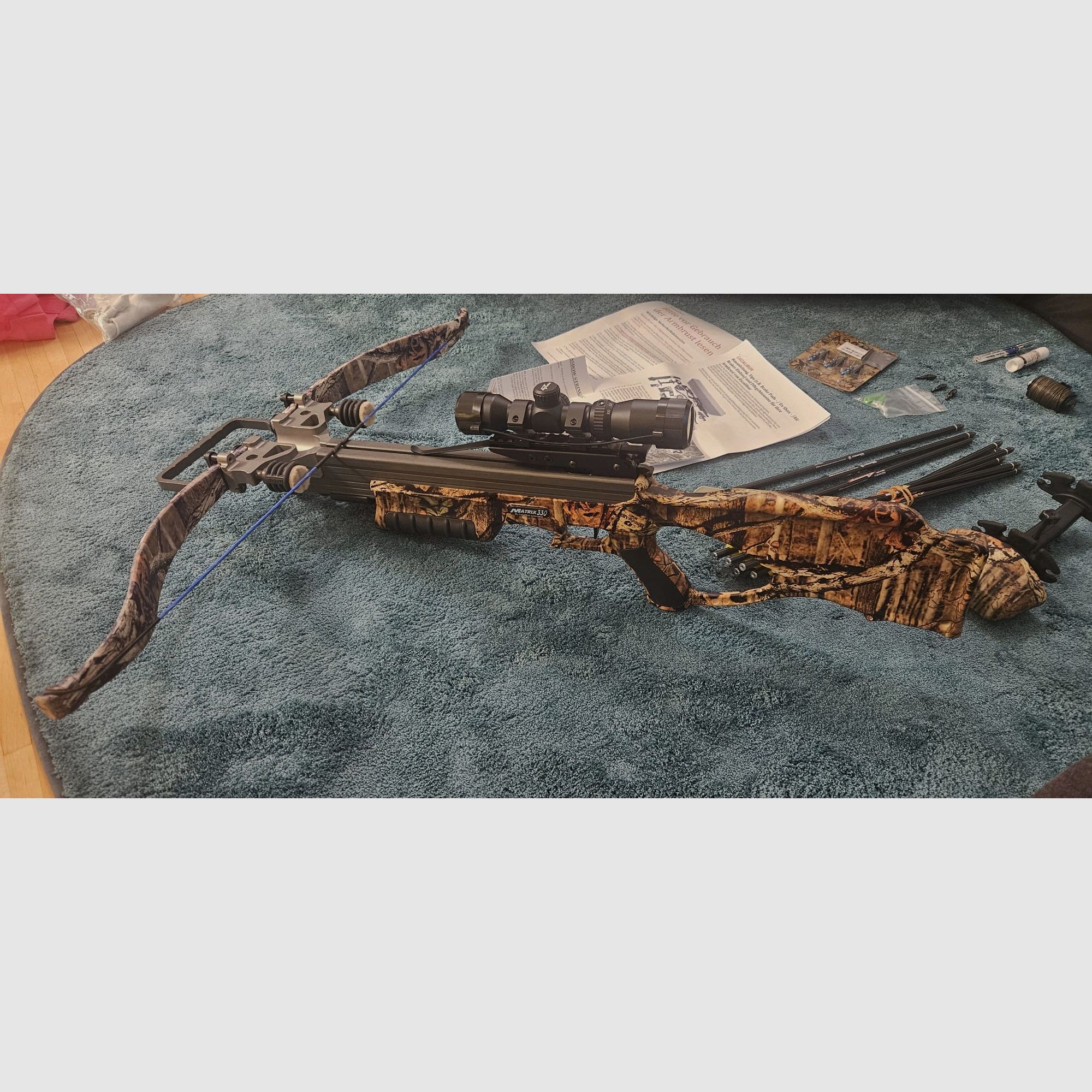 Excalibur Matrix 330 Armbrust + viel Zubehör (Ersatzwurfarme, Tasche, ZF) – sehr guter Zustand