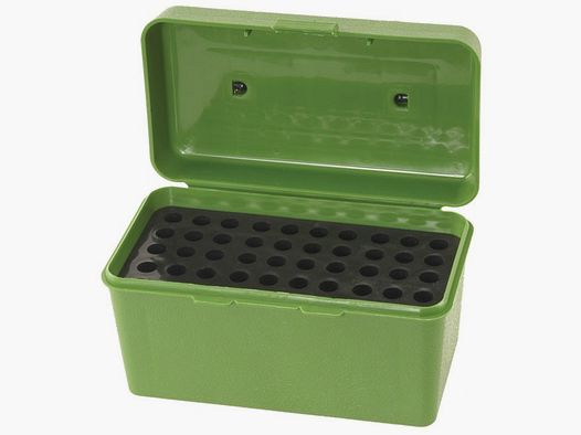 MTM Deluxe scatola per cartucce H50-RS-10 verde con coperchio a ribalta e maniglia per 50 cartucce .17 e inferiori.
