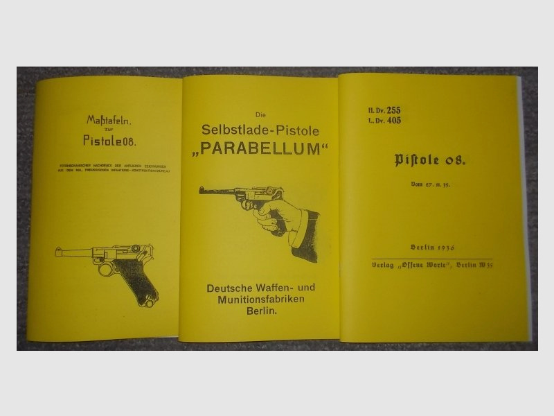 3 Hefte technische Zeichnungen, Beschreibung, Dienstanweisung Parabellum Pistole 08 Kaliber: 9mm