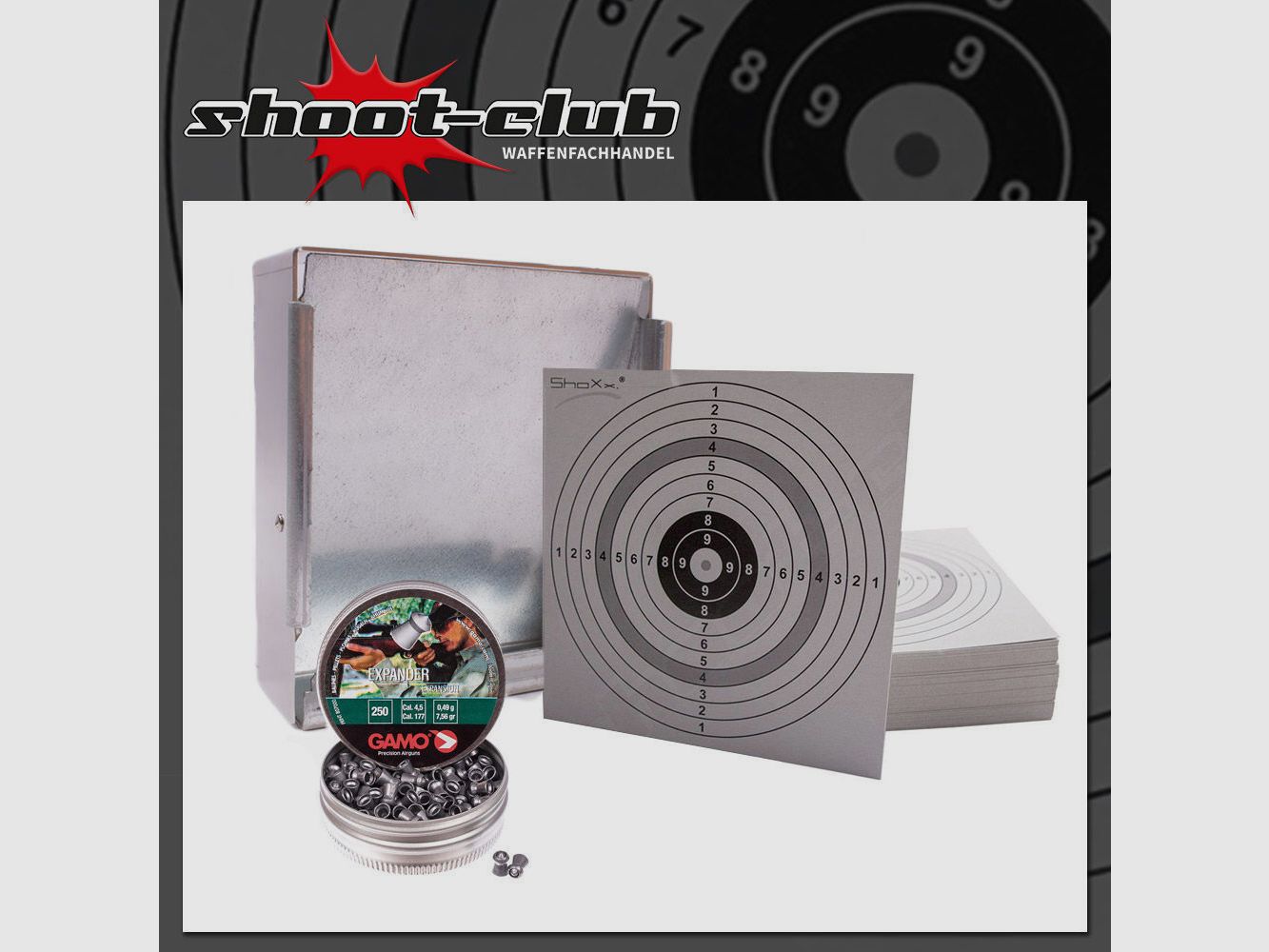 shoot-club GmbH stainless steel bullet trap + 100 target sheets + Gamo expander