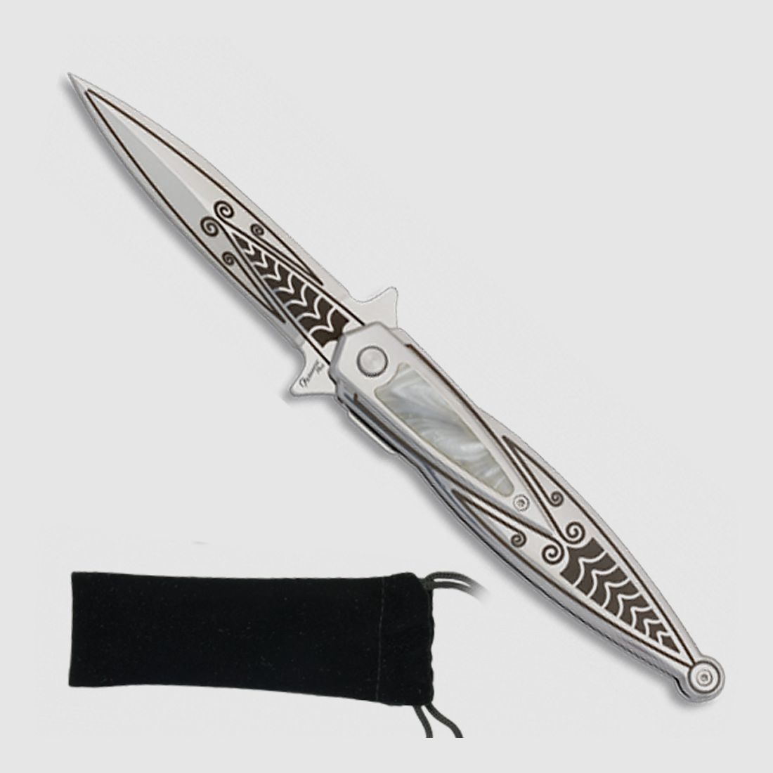 Spring-assisted pocket knife, single-sided ground, mother-of-pearl design