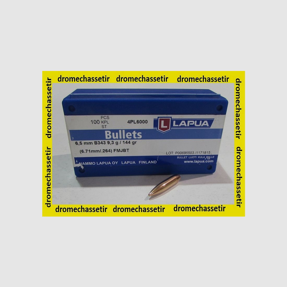 Box of 100 Lapua Bullets cal 6.5 (0.264"), FMJBT 144 grains