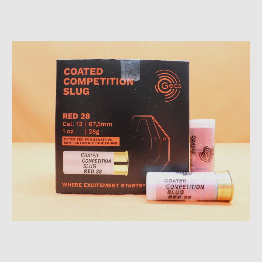 Cartouche GECO 12/67,5 GECO 28g Slug (2410247) VE 25 cartouches (Compétition rouge enduite) SEMI-AUTO