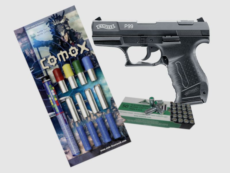 P99 Walther cal. 9 mm P.A.K. con 50 disparos de cartuchos de fogueo y set de munición pirotécnica de 22 piezas