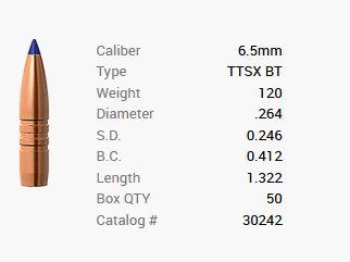 Balle Barnes 6,5mm/.264 120GR Tipped TSX BT 50 pièces