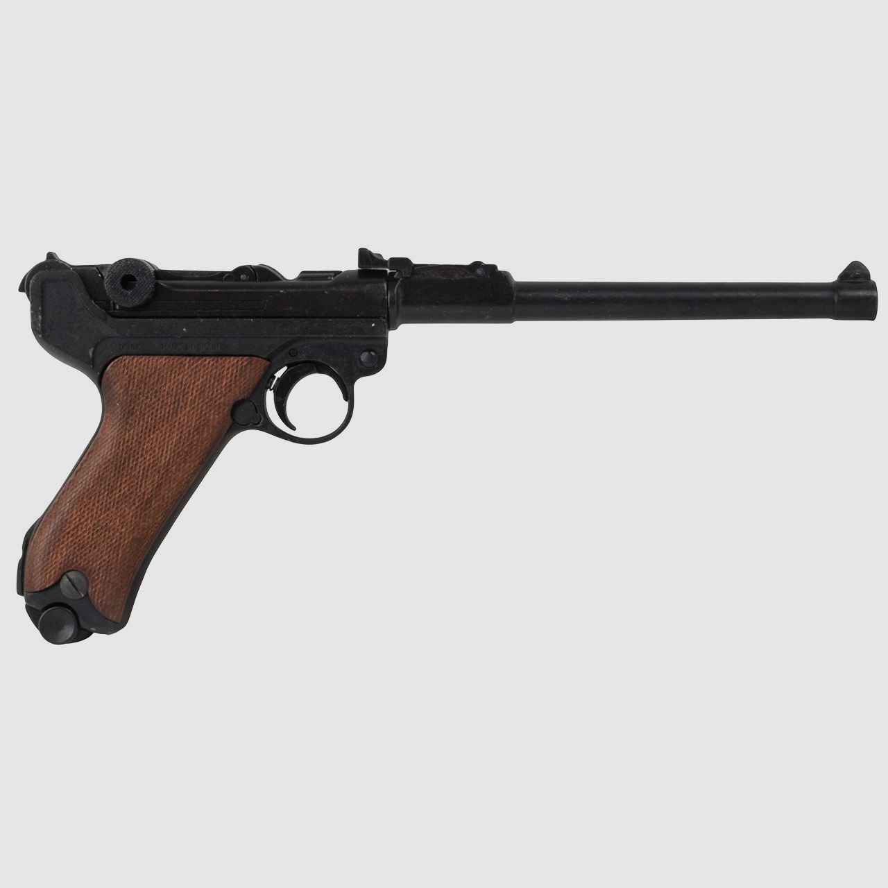 Denix Deko Pistole Luger P08 Artillerie Deutschland 1898 LĂ¤nge 34,5 cm mit langem Lauf schwarz braune Griffe