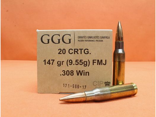 GGG - Giraites Ginkluotes Gamykla Patrone .308Win GGG 147grs FMJ (GPX11) 30xVE 20 = 600 Patronen/ 9,55g Vollmantel