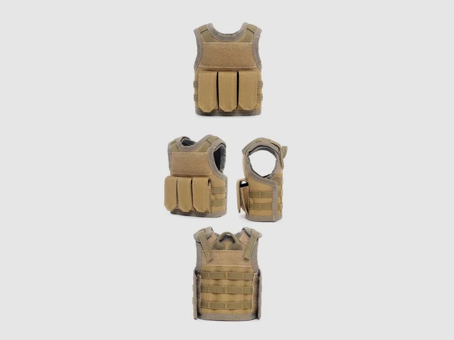 Mini Tactical Schutzweste mit Fronttaschen für Bierflasche / Weinflasche / Thermosflasche - Sand