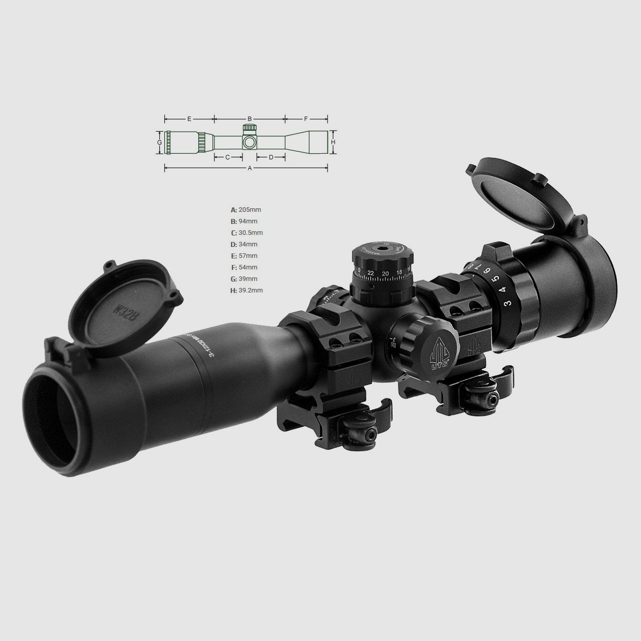 Zielfernrohr UTG BugBuster 3-12x32 Side AO, 1 Zoll Tubus, Mil Dot Absehen, Weaver-, Picatinny Montage