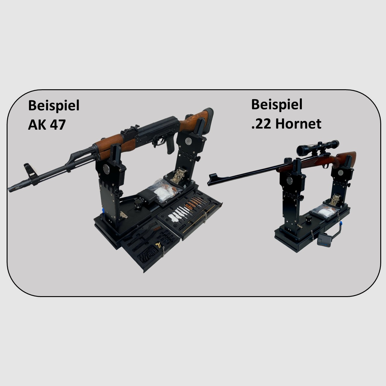 Multifunktionale Waffen-Arbeitsstation – Reinigungsstation / Einschießhilfe / Waffenhalter / Präsentationsständer