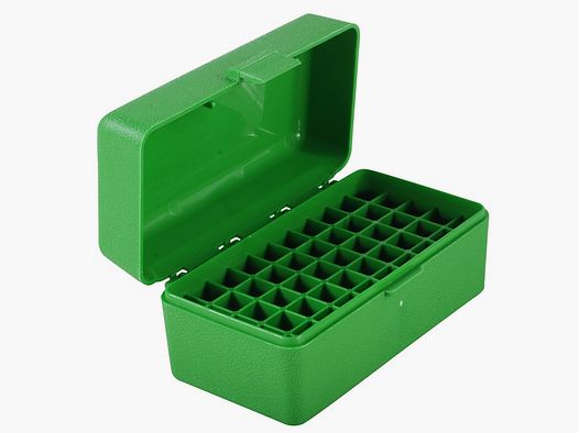 MTM scatola per cartucce RS-S-50-10 verde con coperchio a ribalta per 50 cartucce .22 PPC e altre.