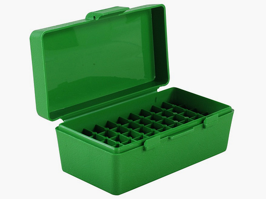 MTM cartridge box P50-38-10 green with flip lid for 50 cartridges .38 Spec. and others.