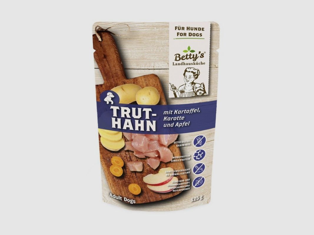 Betty's Landhausküche Hunde Nassfutter Frischhaltebeutel Truthahn mit Kartoffel 125g