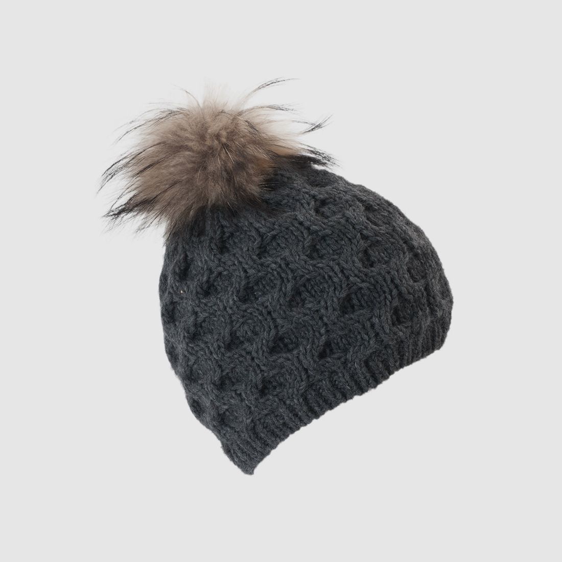 Cappello lavorato a maglia con pompon in pelliccia vera e motivo a nido d'ape