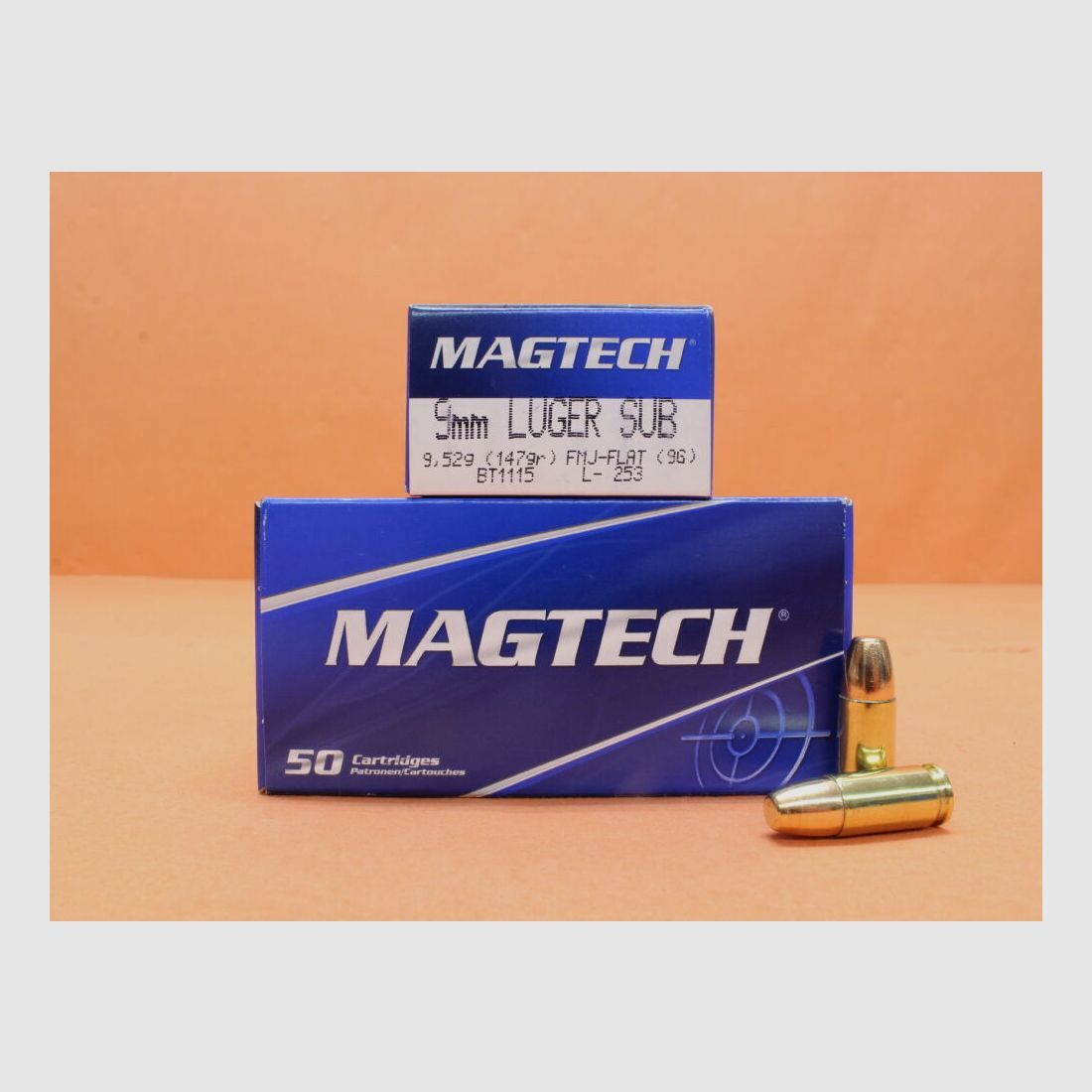 Magtech patroon 9mmLuger Magtech 147grs FMJ/ FMC-FLAT (9G) VE 50 patronen (Subsonisch)/ 9,52g volmantel-vlakke kop (ondergeschalpatroon)