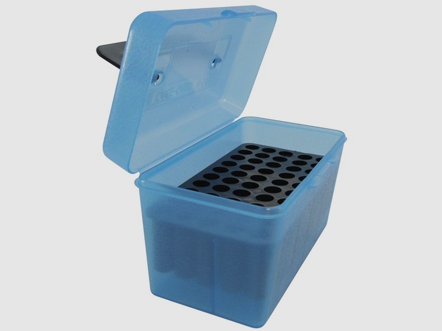 MTM Deluxe caja de cartuchos H50-RM-24 azul clara con tapa abatible y asa para 50 cartuchos .308 y otros.