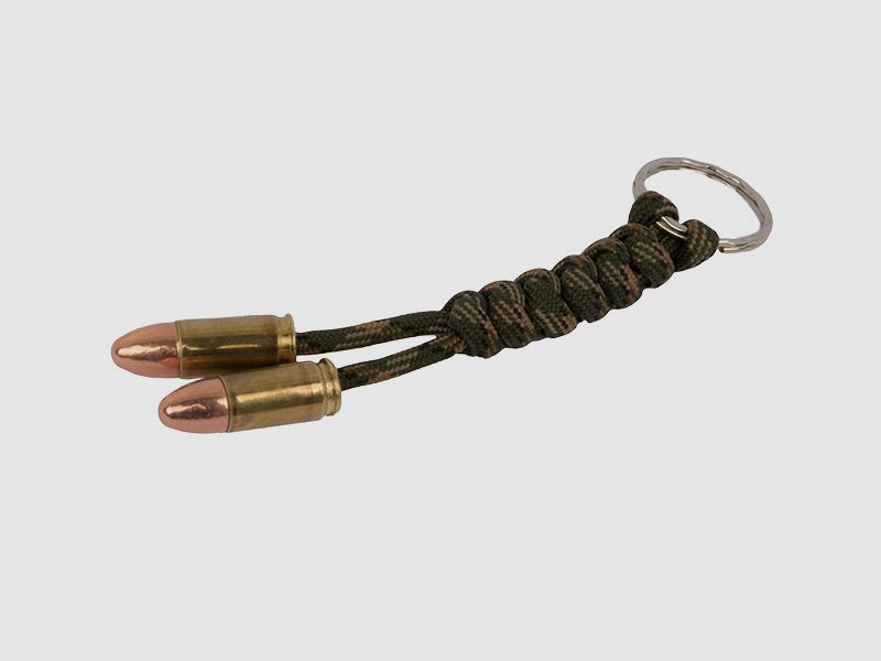 SchlĂĽsselanhĂ¤nger mit SchlĂĽsselring Parachute Cord mit 2 Patronen Kaliber 9 x 19 mm 9 mm Luger gemustert braun grĂĽn handgefertigt
