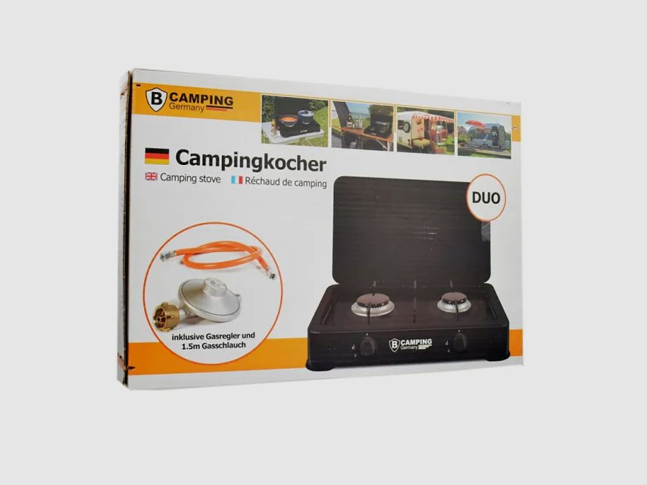 Gaskocher 2-flammig (DUO) mit Anschluss-Schlauch und Druckminderer