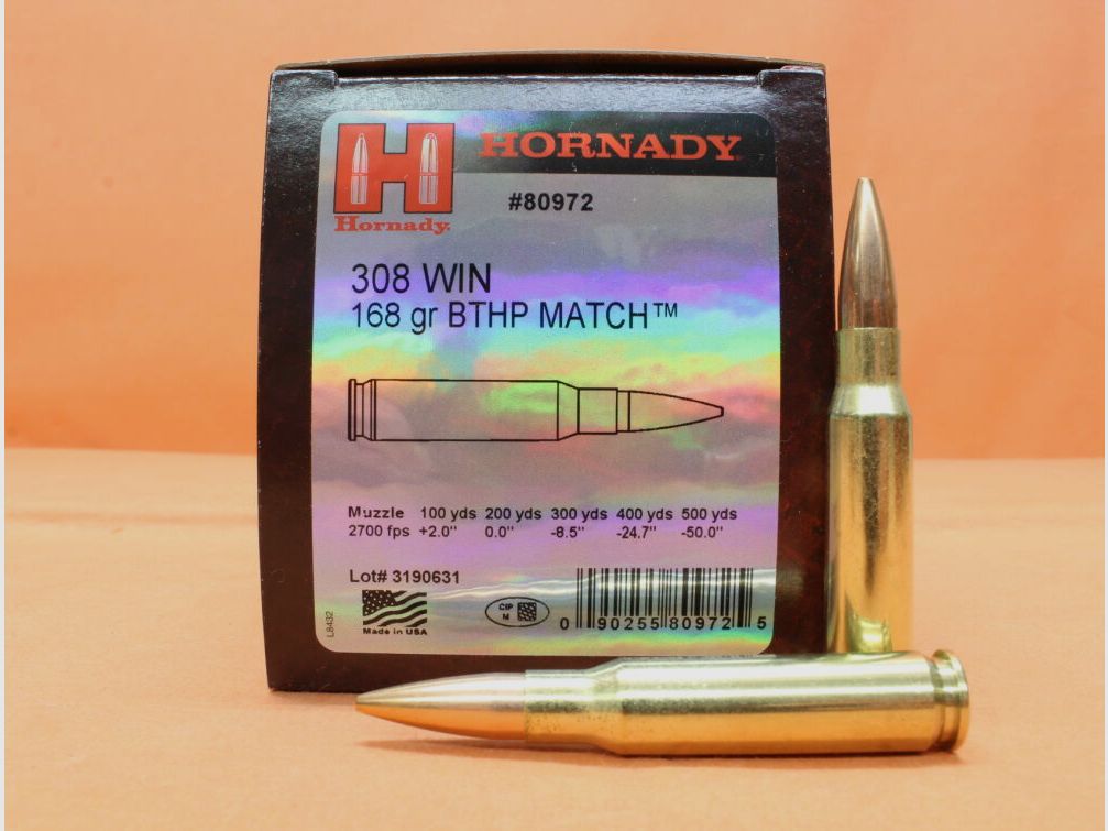 Hornady cartridges .308Win Hornady 168grs BTHP (80972) VE 50 cartridges/ 10.89g hollow point boat tail match
