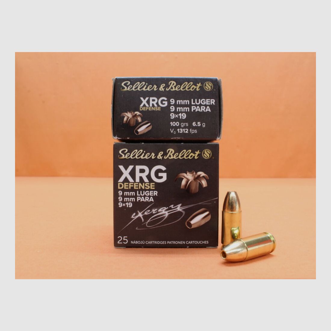 S&B Sellier & Bellot Cartuchos 9mmLuger S&B/ Sellier&Bellot 100grs HP XRG Defensa Totalmente de Cobre Sin Plomo VE 25 Cartuchos/ 6,5g Punta Hueca