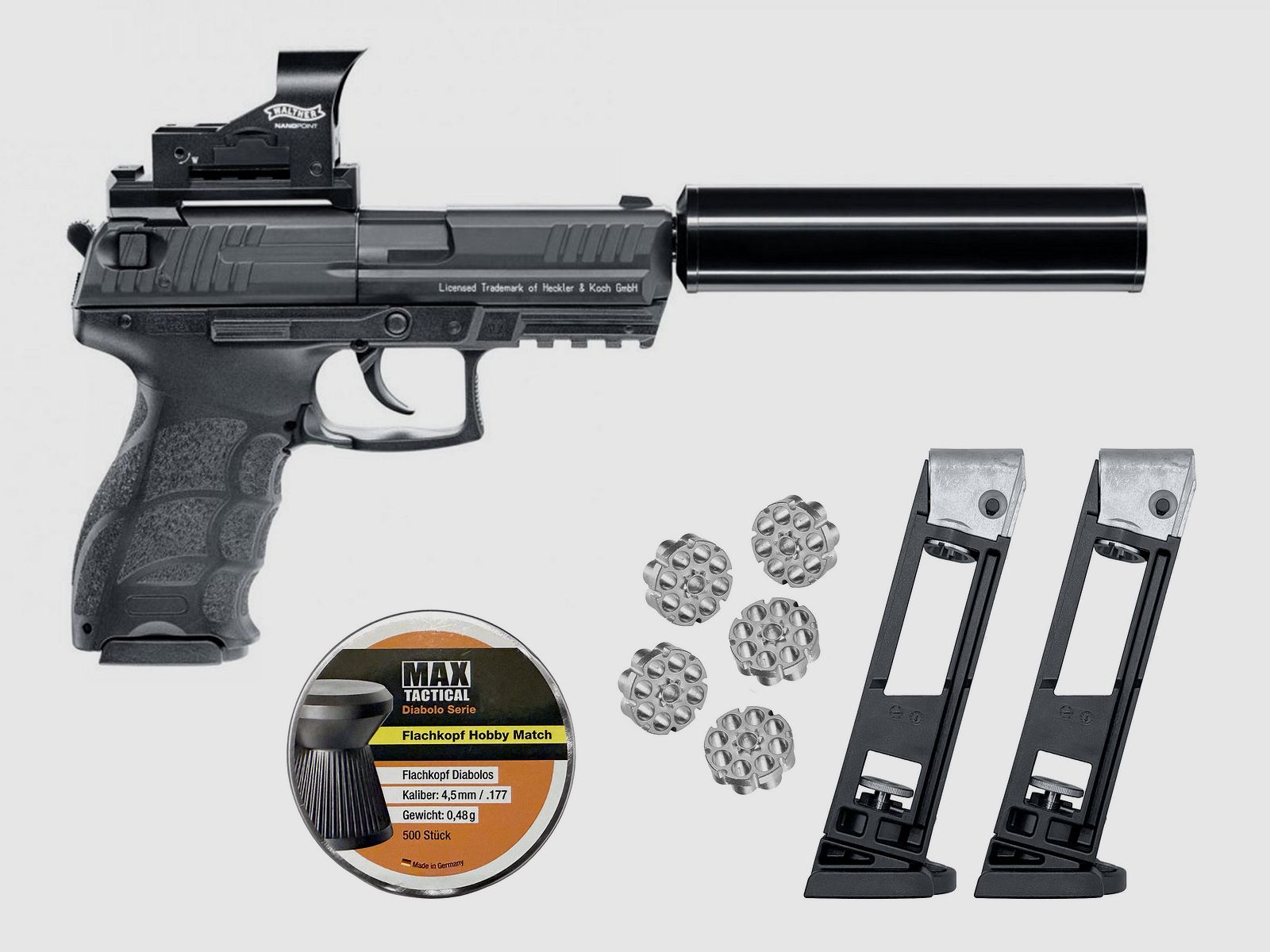 Umarex Heckler & Koch P30 Kit CO2 Luftpistole 4,5mm Diabolo + Schalldämpfer + 2 BB-Magazine + 5 Trommelmagazine + 500 Kugeln - NEU