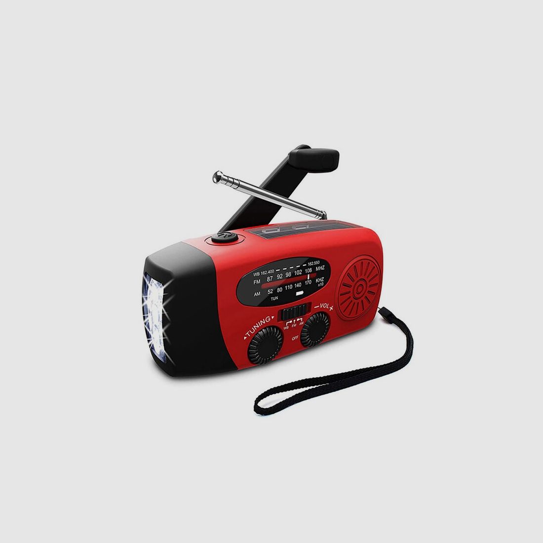 Kurbelradio FM/AM mit Powerbank und Solaraufladung - Notfallradio + Lampe + USB-Kabel