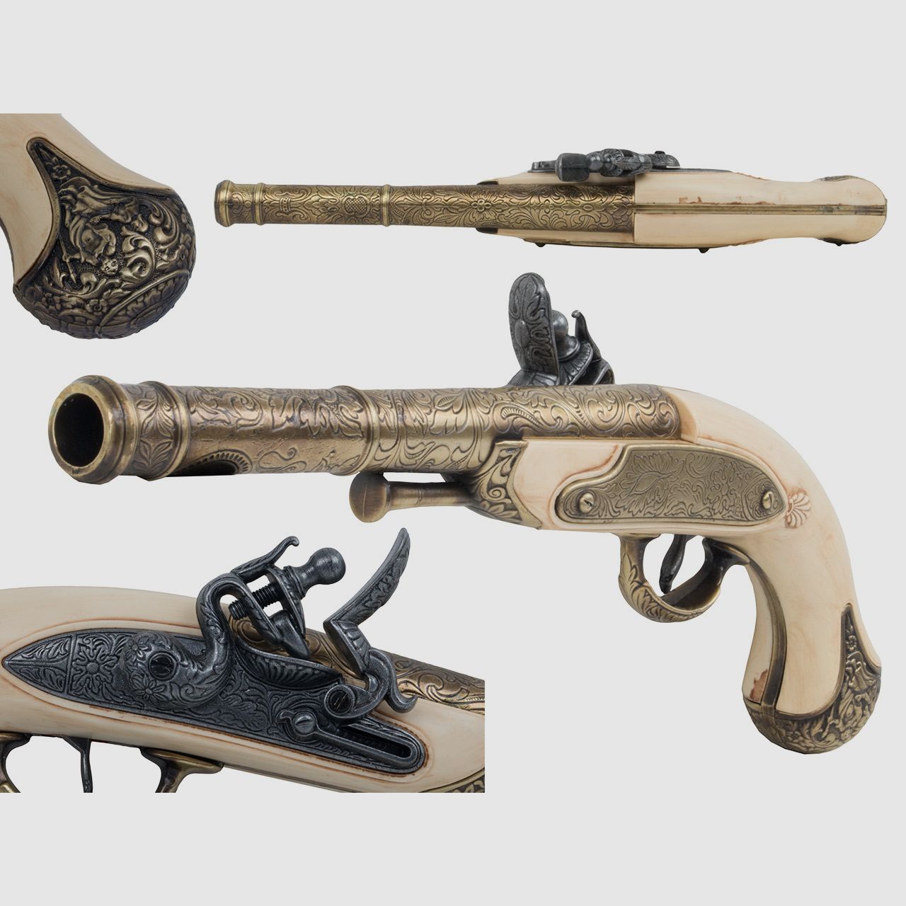 Deko Steinschlosspistole Queen Anne England 17 Jahrhundert 8 Zoll messing  grau Elfenbeinimitat