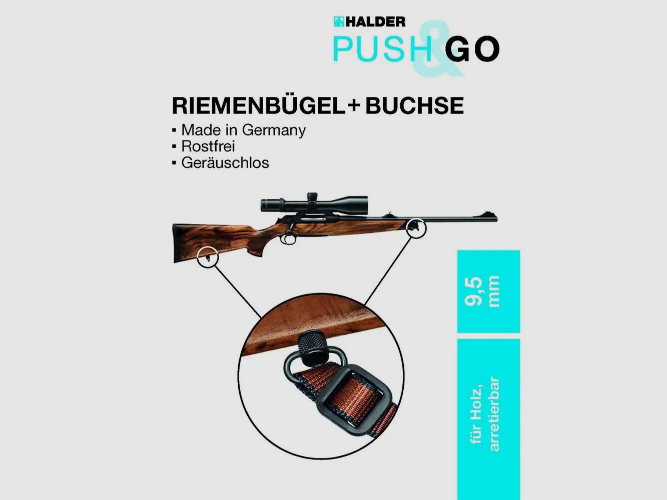 Halder Riemenbügel und Buchse "Push & Go" für Holzschäfte