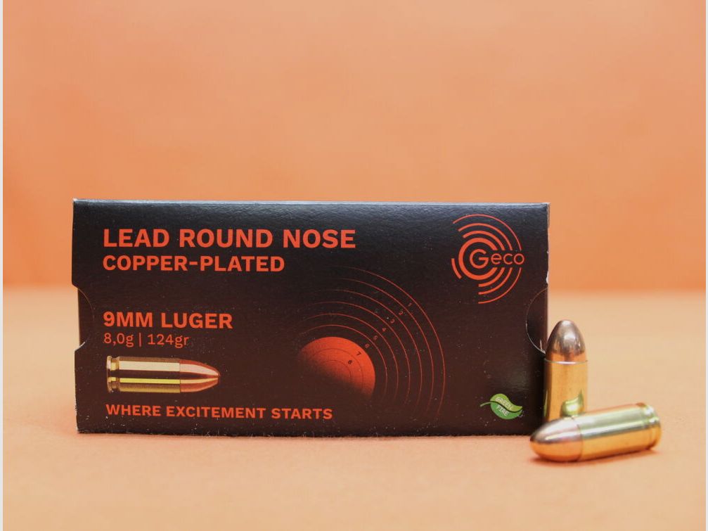 GECO Cartuccia 9mm Luger GECO 124gr CLRN (2318195) VE 50 cartucce (Green Range)/ 8,0g piombo a testa tonda rivestito di rame