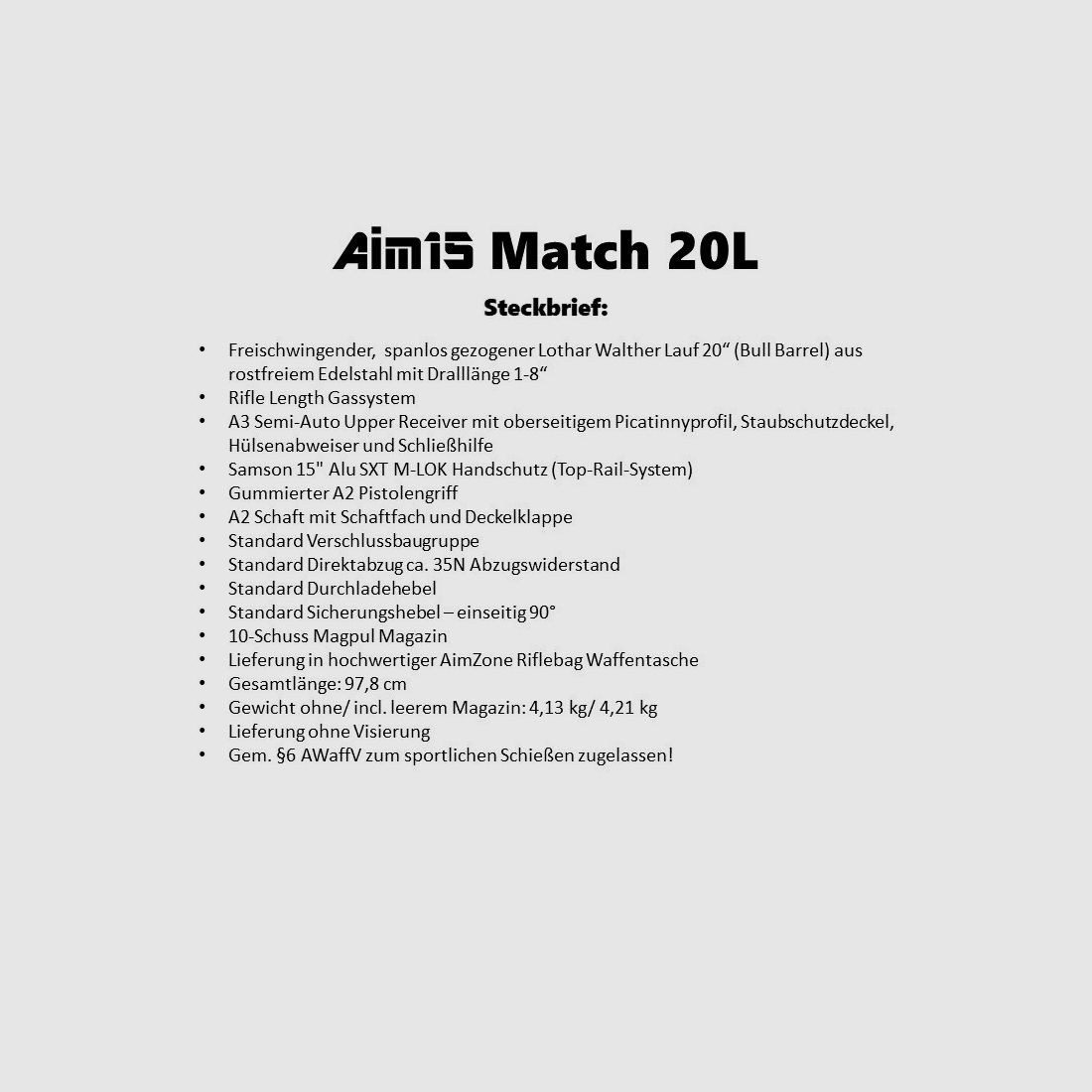 AimZone Ha.Büchse .223Rem AimZone Aim15 Match 20L System AR-15, 20" stalowy bieg/ M-LOK osłona rękojeści